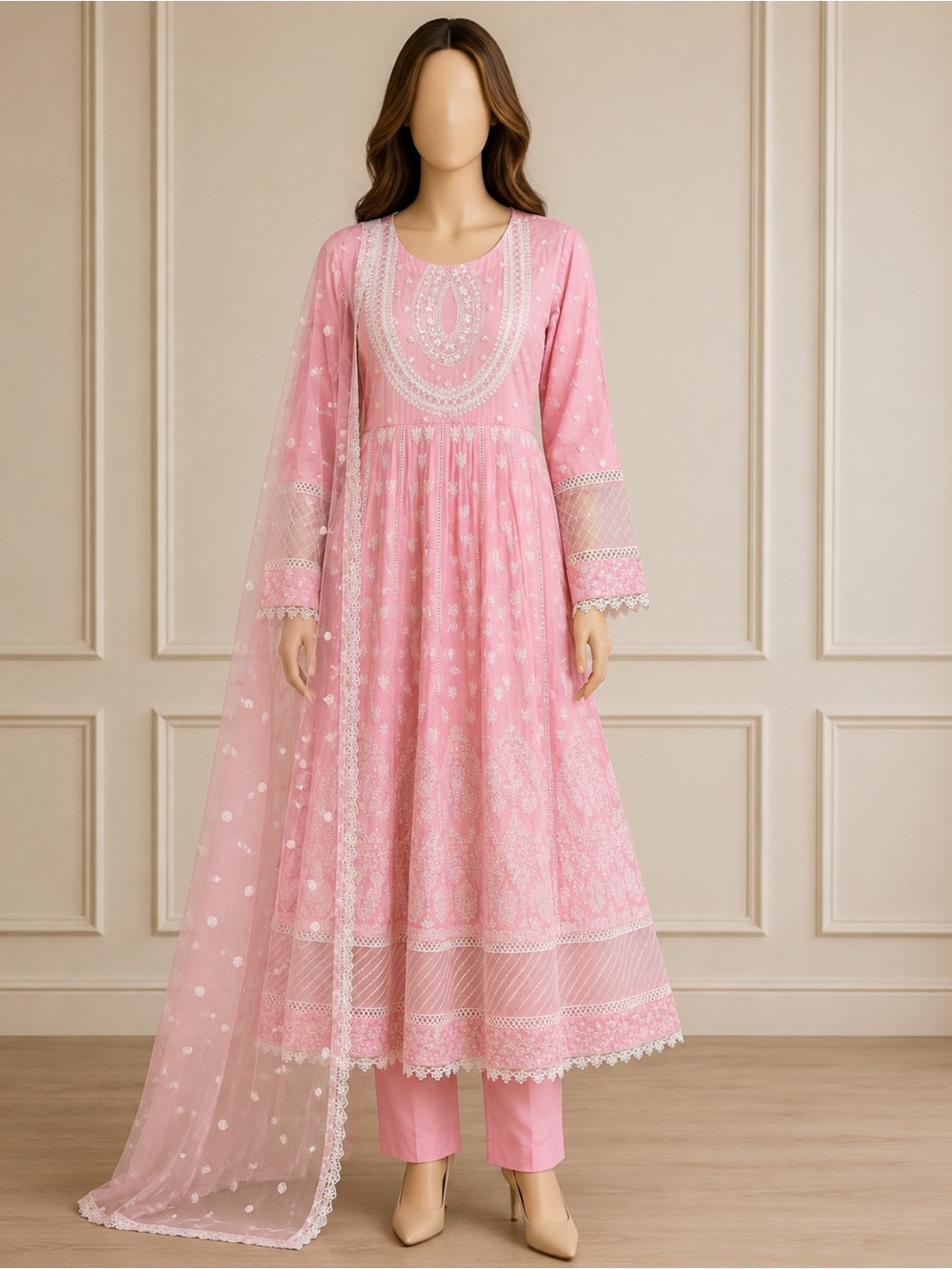 Elegant Pink Embroidered Women’s Anarkali panjabi (3 set)